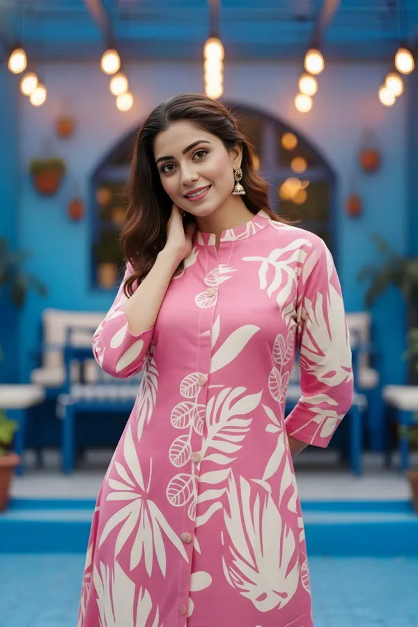 Pink_Leafy_Print_Linen_Cotton_Princess_Cut_Long_Kurta_For_Women