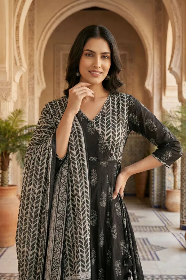 Black_Jaipuri_Print_Cotton_Flared_3_Piece_Suit_Set_with_Dupatta_for_Women