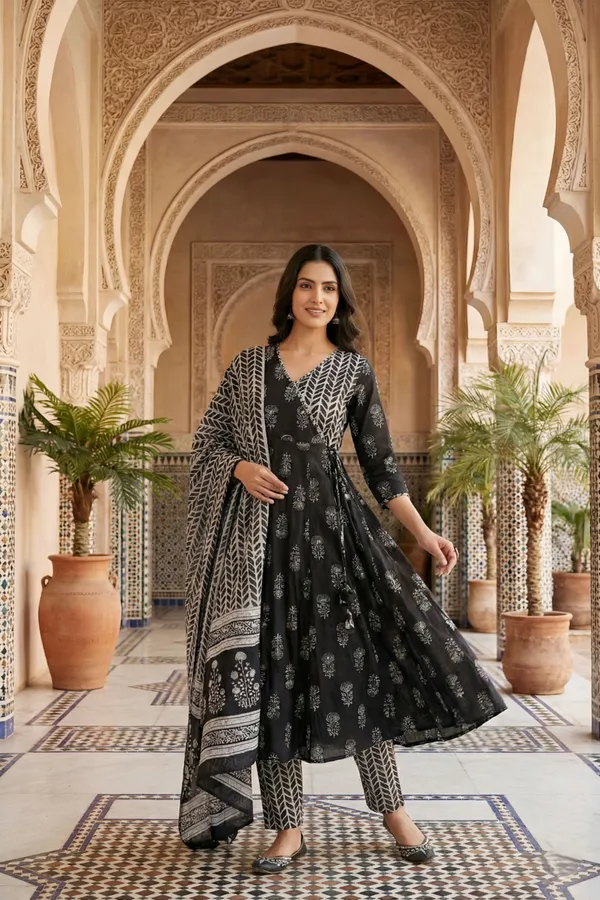 Black_Jaipuri_Print_Cotton_Flared_3_Piece_Suit_Set_with_Dupatta_for_Women