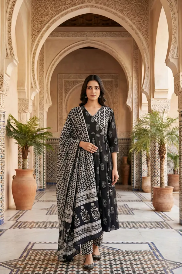 Black_Jaipuri_Print_Cotton_Flared_3_Piece_Suit_Set_with_Dupatta_for_Women