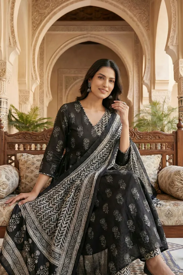 Black_Jaipuri_Print_Cotton_Flared_3_Piece_Suit_Set_with_Dupatta_for_Women