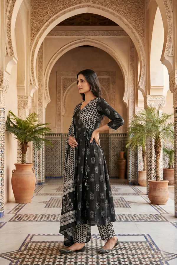 Black_Jaipuri_Print_Cotton_Flared_3_Piece_Suit_Set_with_Dupatta_for_Women