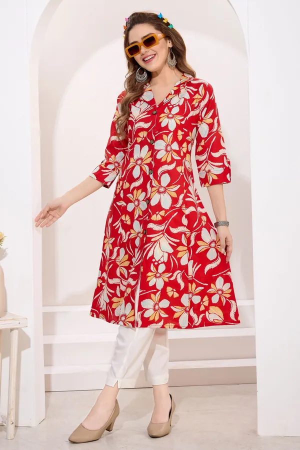 Red_Linen_Cotton_Princess_Cut_Long_Kurta_For_Women