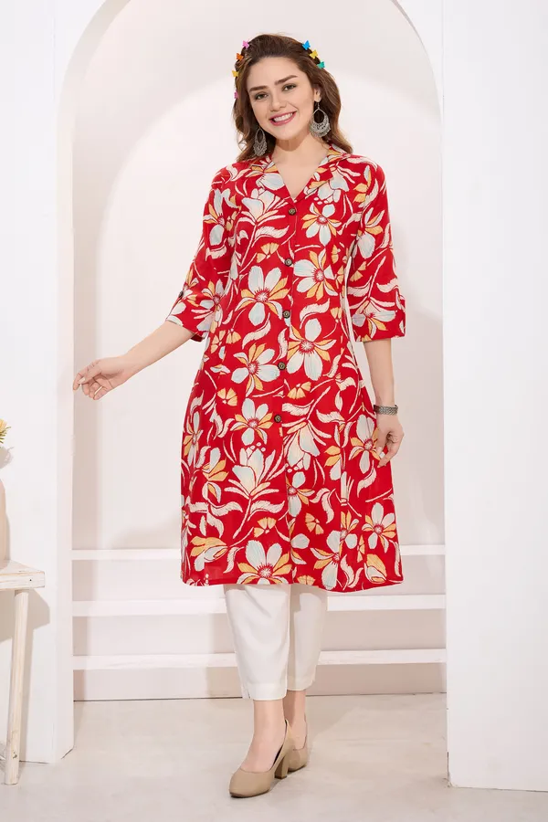 Red_Linen_Cotton_Princess_Cut_Long_Kurta_For_Women