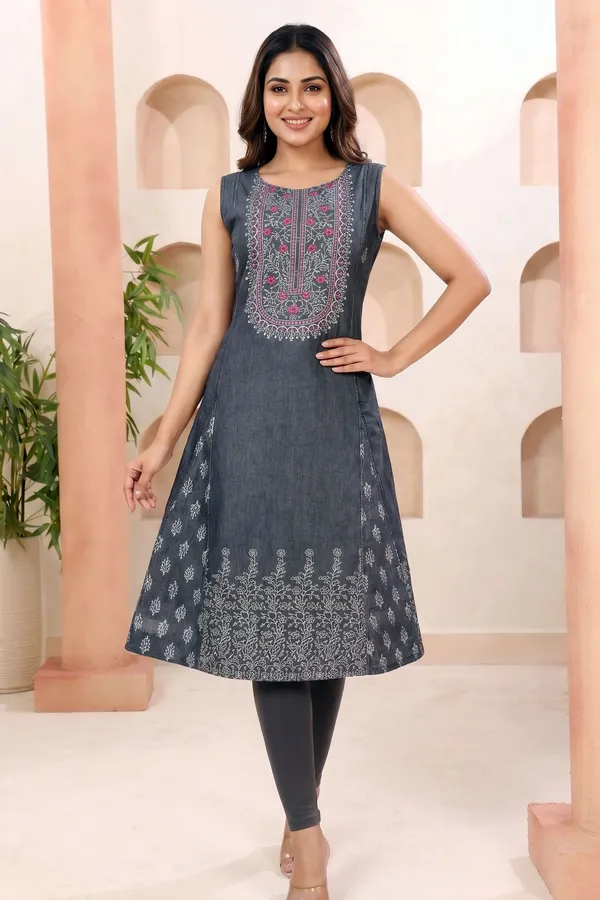 Black_Denim_Sleeveless_Flared_Kurti_for_Women_with_Thread_Work