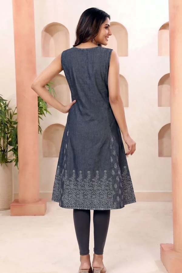 Black_Denim_Sleeveless_Flared_Kurti_for_Women_with_Thread_Work