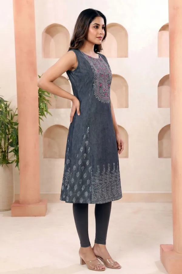 Black_Denim_Sleeveless_Flared_Kurti_for_Women_with_Thread_Work
