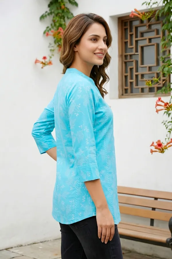 Sky_Blue_Ethnic_Print_Rayon_Short_Kurti_for_Women_Princess_Cut
