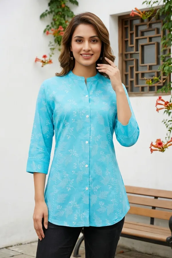 Sky_Blue_Ethnic_Print_Rayon_Short_Kurti_for_Women_Princess_Cut