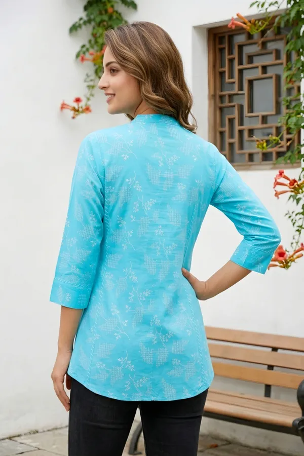 Sky_Blue_Ethnic_Print_Rayon_Short_Kurti_for_Women_Princess_Cut