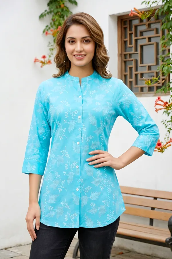 Sky_Blue_Ethnic_Print_Rayon_Short_Kurti_for_Women_Princess_Cut