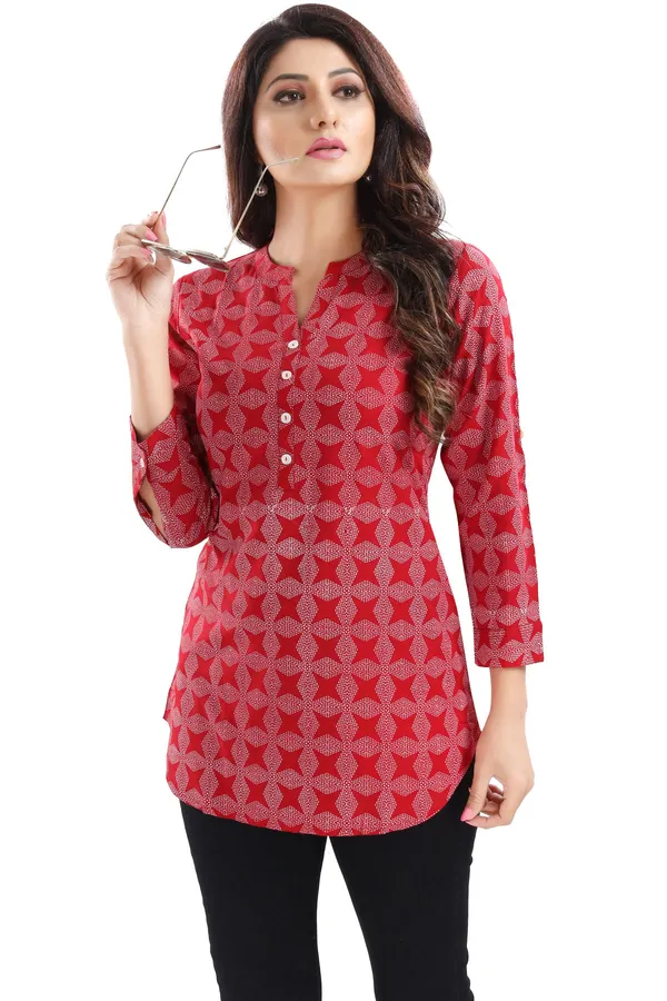 Supreme_Style_Red_Rayon_Cotton_Geometric_Print_Short_Tunic_Top