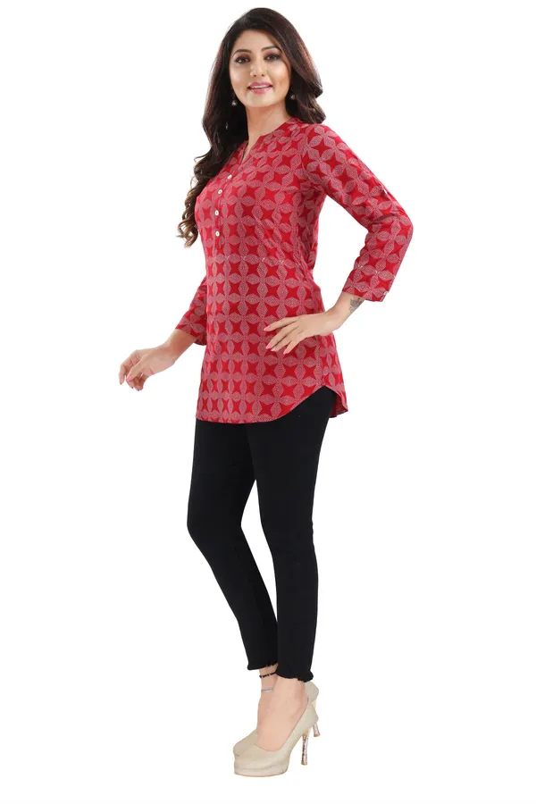 Supreme_Style_Red_Rayon_Cotton_Geometric_Print_Short_Tunic_Top