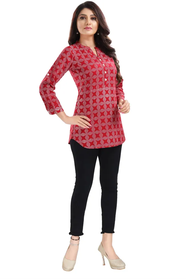 Supreme_Style_Red_Rayon_Cotton_Geometric_Print_Short_Tunic_Top