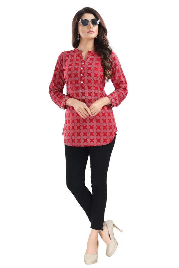 Supreme_Style_Red_Rayon_Cotton_Geometric_Print_Short_Tunic_Top