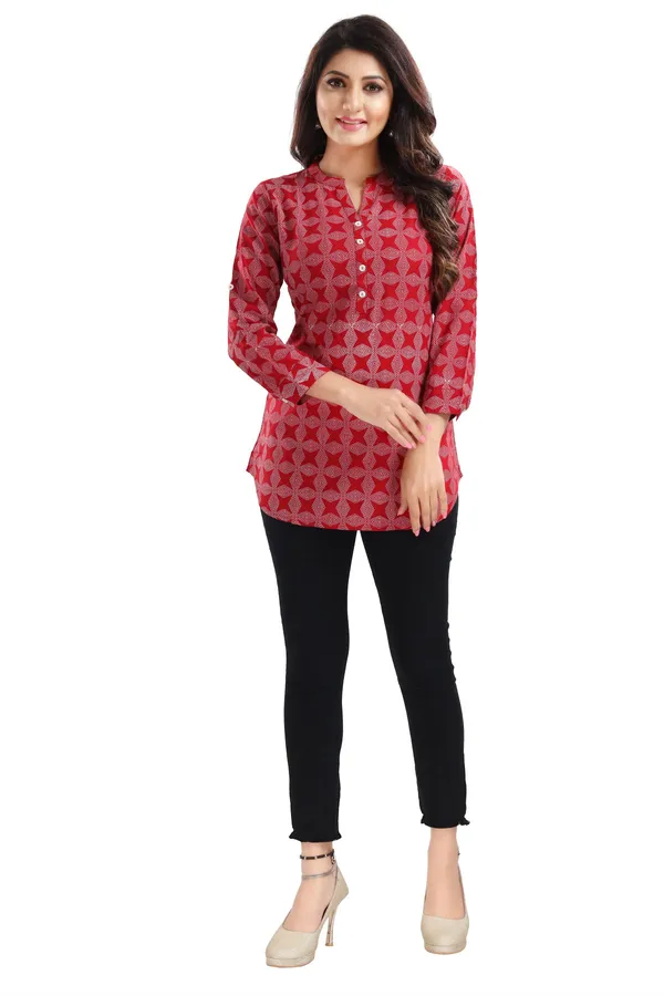 Supreme_Style_Red_Rayon_Cotton_Geometric_Print_Short_Tunic_Top