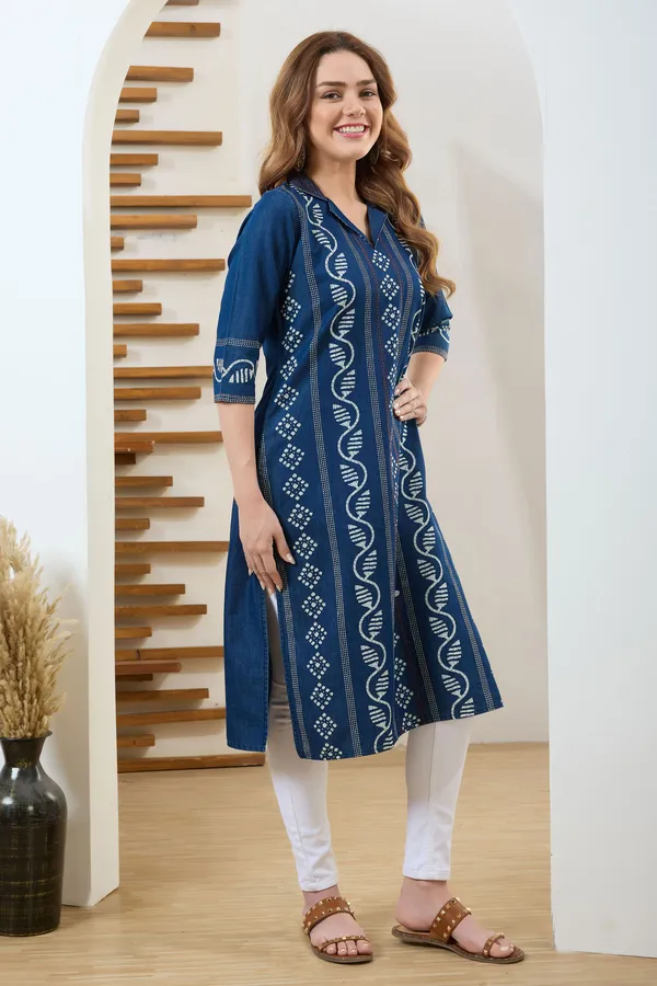 Blue_Long_Denim_Batic_Print_Kurta_With_Thread_Work_And_Coat_Collar