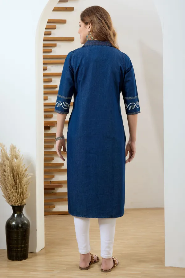 Blue_Long_Denim_Batic_Print_Kurta_With_Thread_Work_And_Coat_Collar