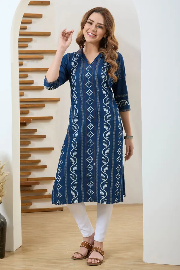 Blue_Long_Denim_Batic_Print_Kurta_With_Thread_Work_And_Coat_Collar