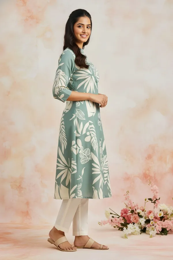 Green_Leafy_Print_Linen_Cotton_Princess_Cut_Long_Kurta_For_Women