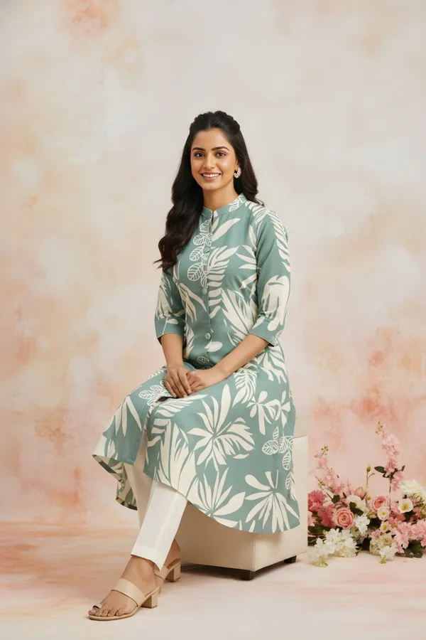 Green_Leafy_Print_Linen_Cotton_Princess_Cut_Long_Kurta_For_Women