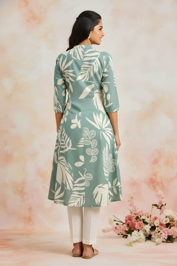 Green_Leafy_Print_Linen_Cotton_Princess_Cut_Long_Kurta_For_Women