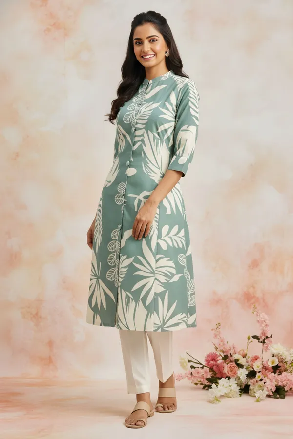 Green_Leafy_Print_Linen_Cotton_Princess_Cut_Long_Kurta_For_Women
