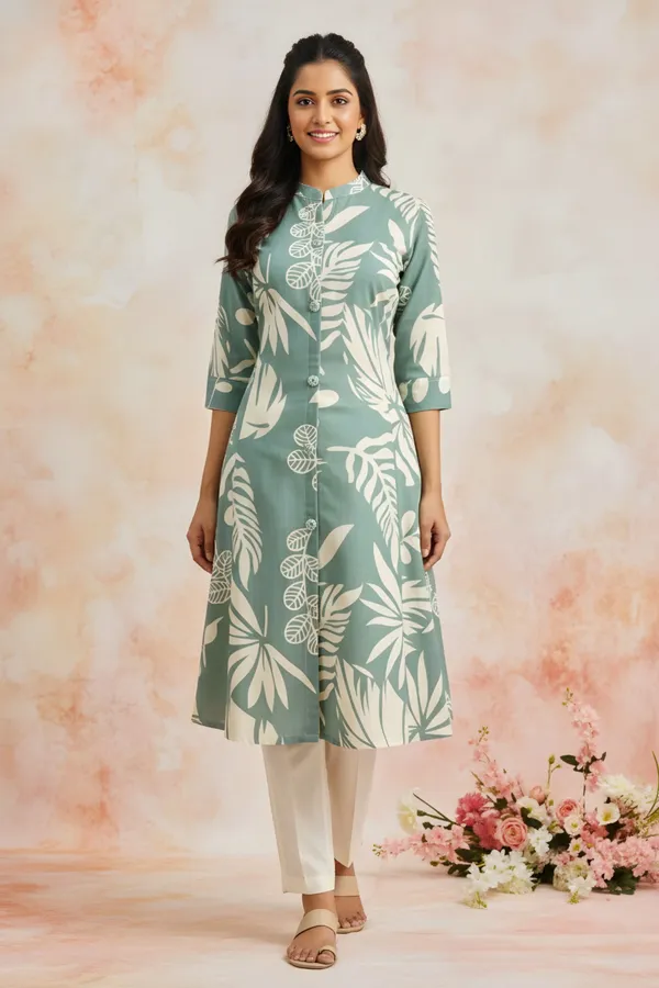 Green_Leafy_Print_Linen_Cotton_Princess_Cut_Long_Kurta_For_Women