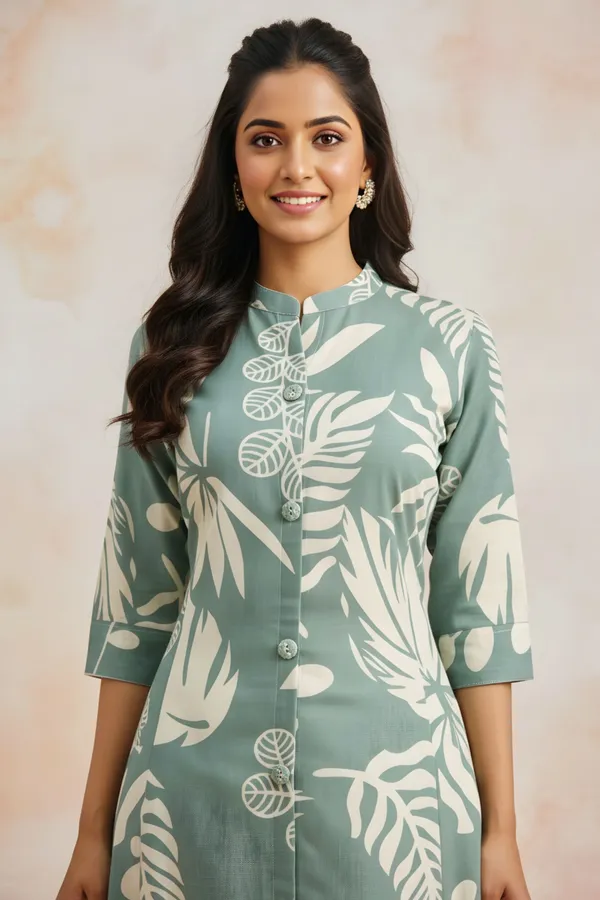 Green_Leafy_Print_Linen_Cotton_Princess_Cut_Long_Kurta_For_Women