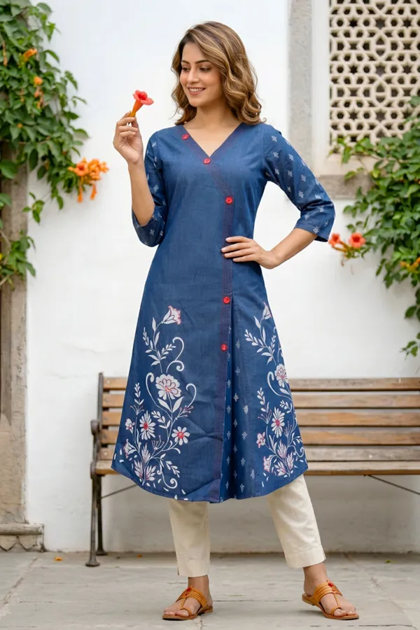Designer_Denim_Blue_V_Neck_Mirror_Work_A_Line_Indo_Western_Dress