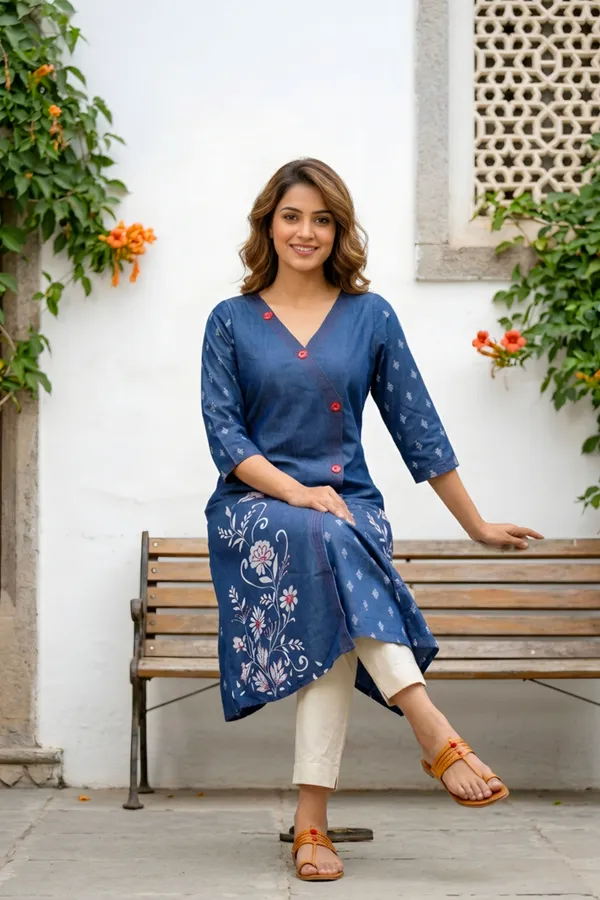 Designer_Denim_Blue_V_Neck_Mirror_Work_A_Line_Indo_Western_Dress