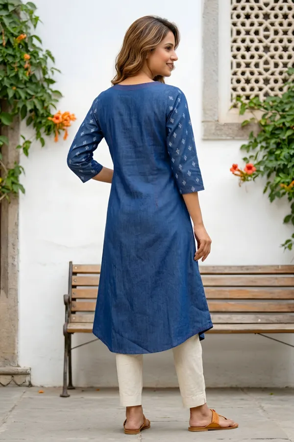 Designer_Denim_Blue_V_Neck_Mirror_Work_A_Line_Indo_Western_Dress