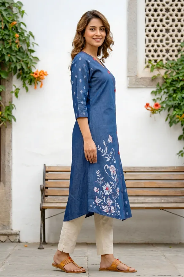Designer_Denim_Blue_V_Neck_Mirror_Work_A_Line_Indo_Western_Dress