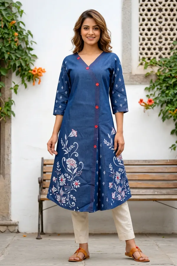 Designer_Denim_Blue_V_Neck_Mirror_Work_A_Line_Indo_Western_Dress