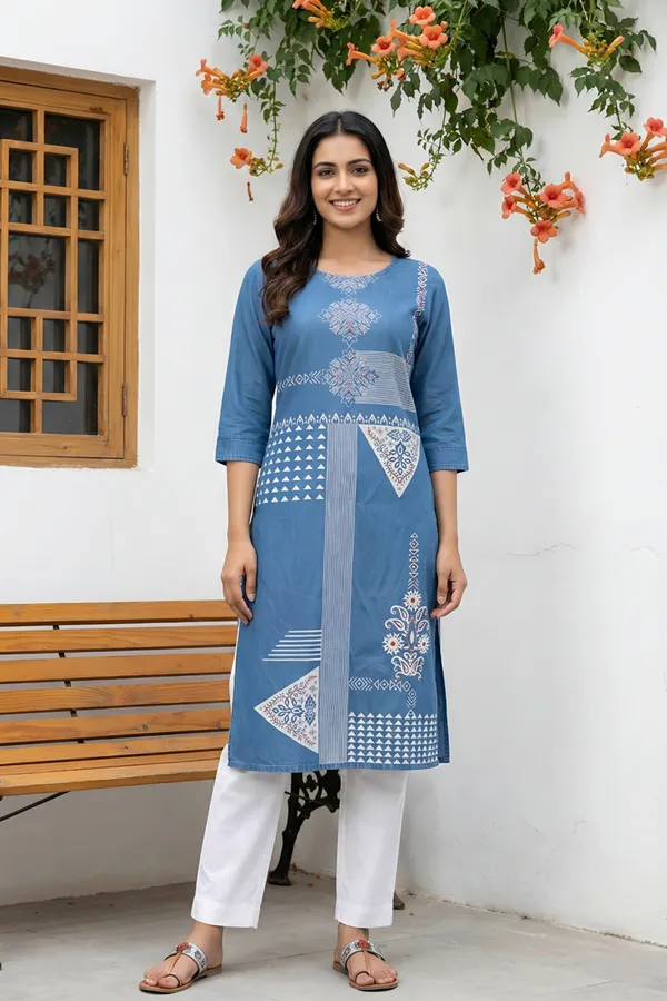 Women_Indo_Western_Round_Neck_Denim_Long_Kurti