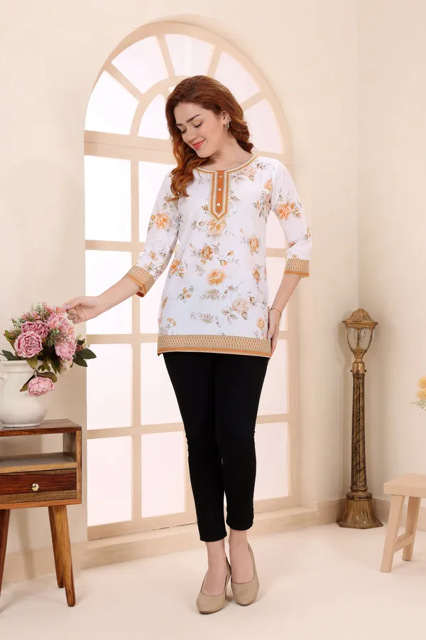 Yellow_Blue_Cotton_Short_Kurti_Tunic_Top_with_Floral_Print_for_Women