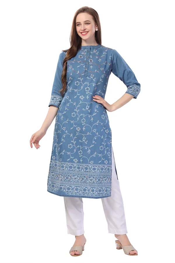 Pristine_Floral_Printed_Denim_Kurti_With_Thread_Work