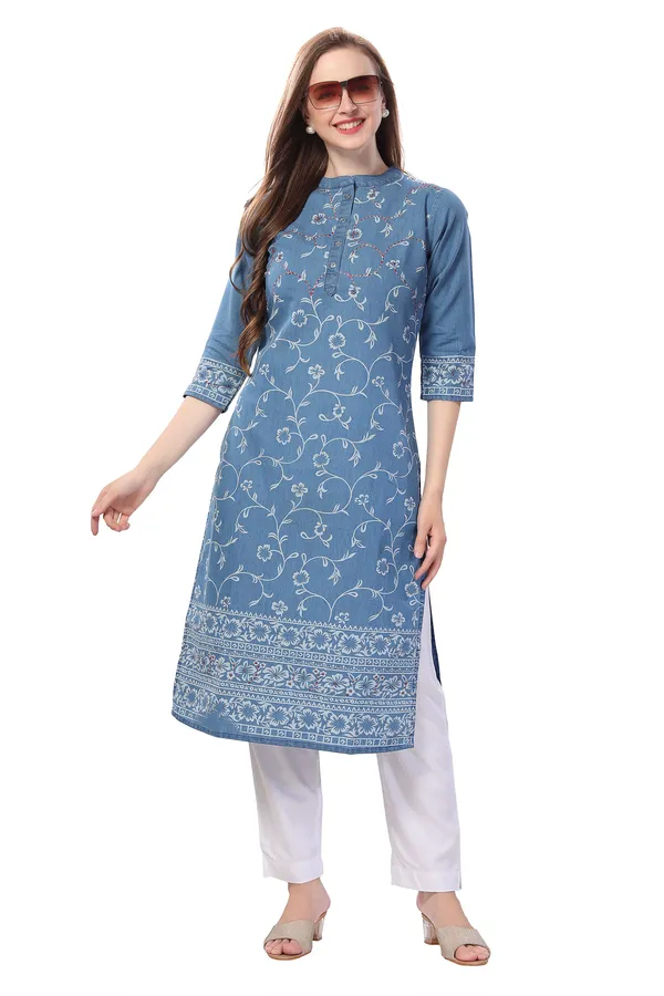 Pristine_Floral_Printed_Denim_Kurti_With_Thread_Work