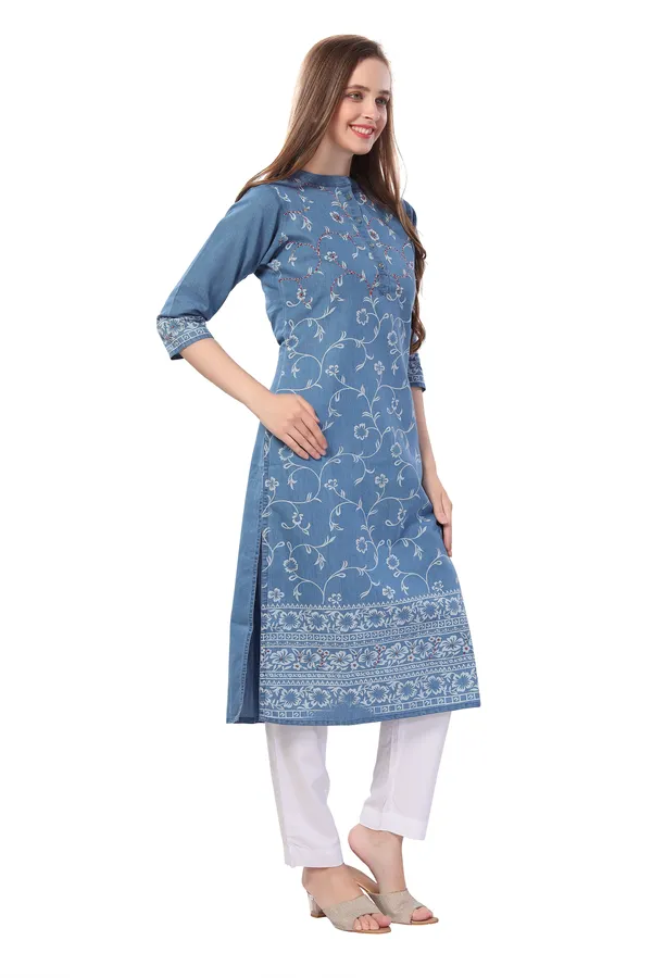 Pristine_Floral_Printed_Denim_Kurti_With_Thread_Work