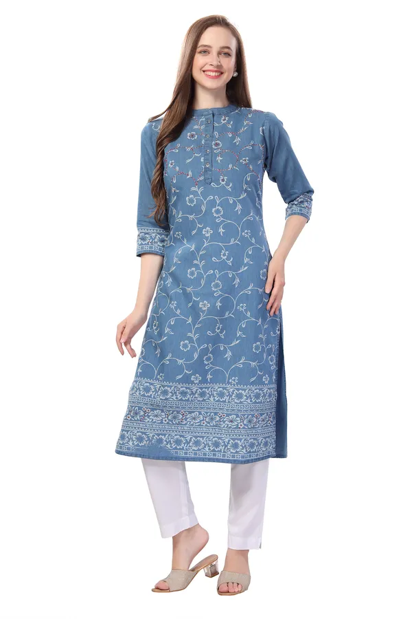 Pristine_Floral_Printed_Denim_Kurti_With_Thread_Work