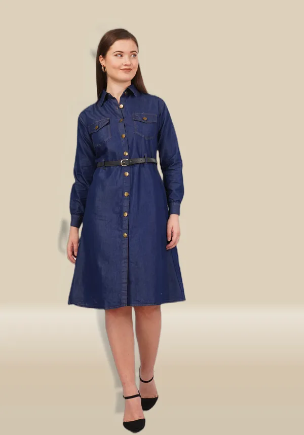 Navy_Blue_Silky_Denim_Cotton_&_Elegant_Dress_For_Women