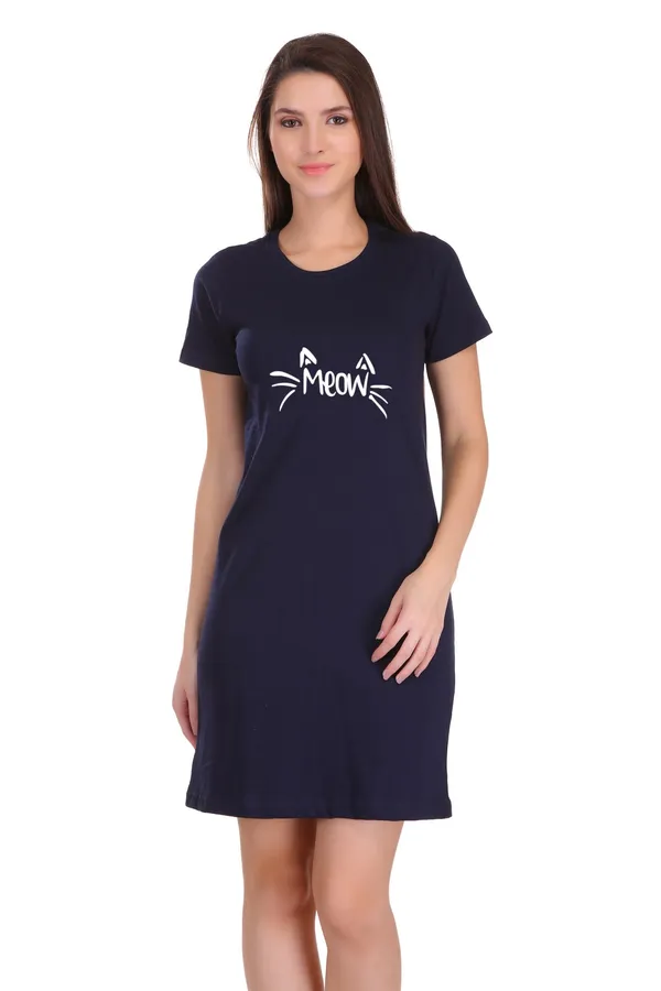 Navy_Blue_Cotton_Meow_Printed_Long_T-Shirt_For_Women