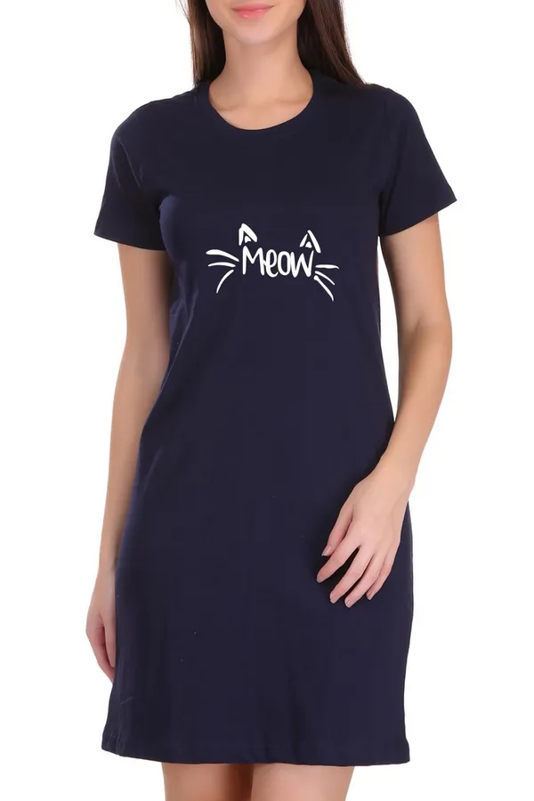 Navy_Blue_Cotton_Meow_Printed_Long_T-Shirt_For_Women