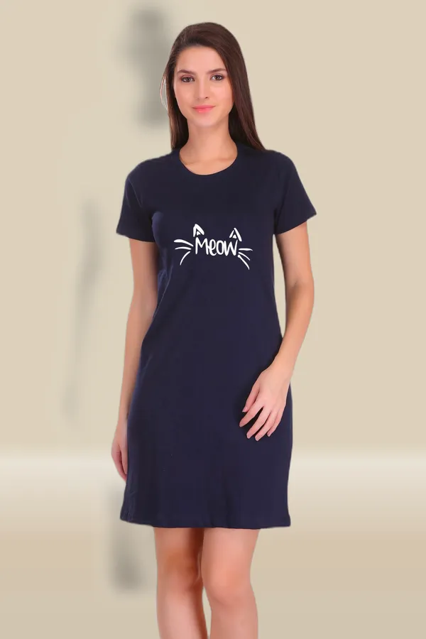 Navy_Blue_Cotton_Meow_Printed_Long_T-Shirt_For_Women