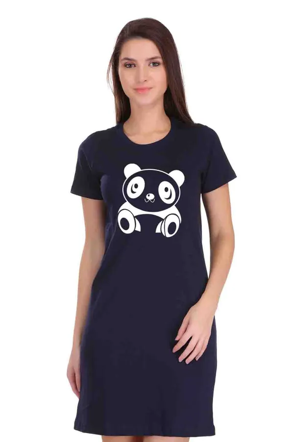 Navy_Blue_Cotton_Cute_Panda_Printed_Long_T-Shirt_For_Women