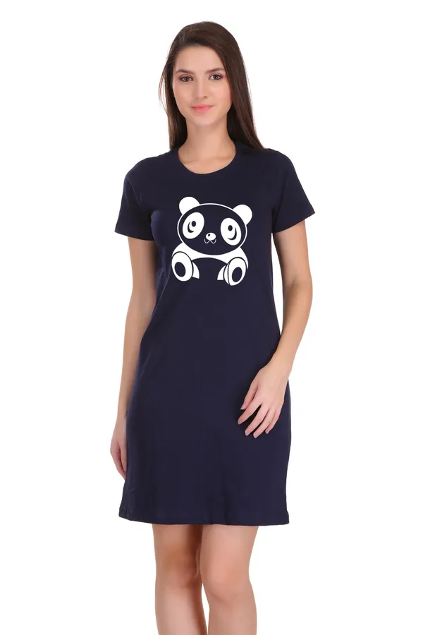 Navy_Blue_Cotton_Cute_Panda_Printed_Long_T-Shirt_For_Women