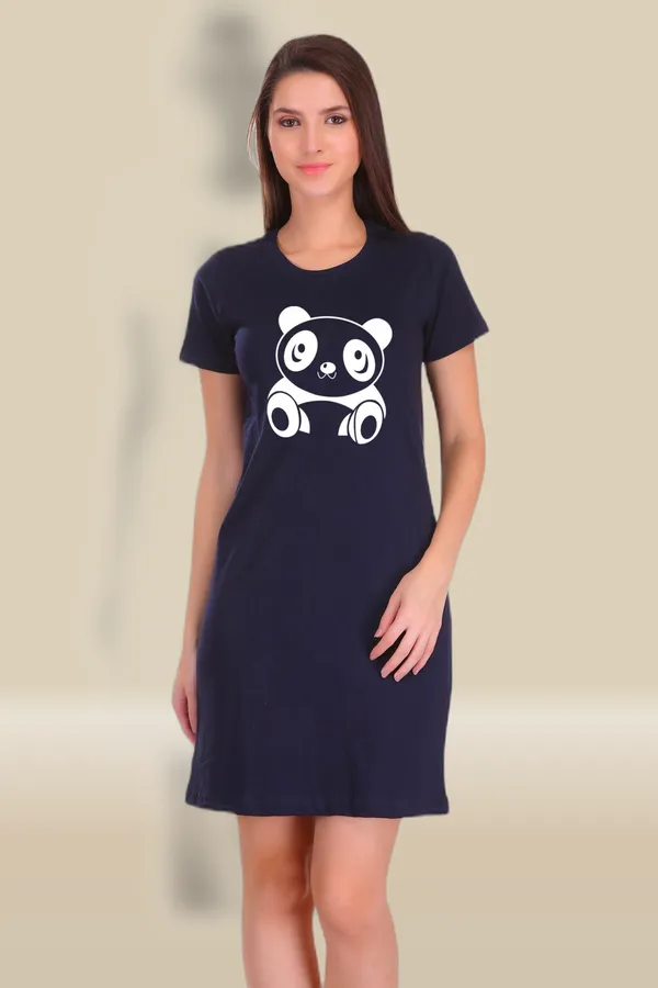 Navy_Blue_Cotton_Cute_Panda_Printed_Long_T-Shirt_For_Women