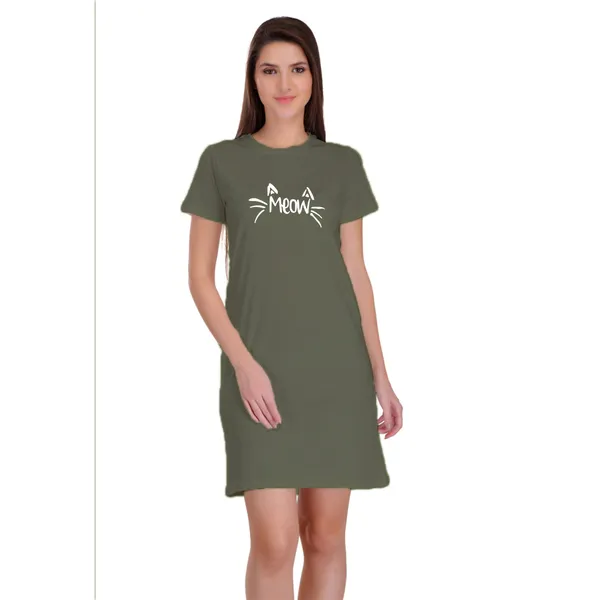 Olive_Green_Cotton_Meow_Printed_Long_T-Shirt_For_Women