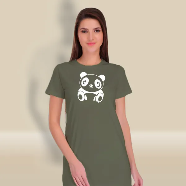 Olive_Green_Cotton_Cute_Panda_Printed_Long_T-Shirt_For_Women