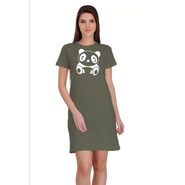 Olive_Green_Cotton_Cute_Panda_Printed_Long_T-Shirt_For_Women
